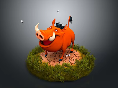 3D Orange Warthog Standing On Cracked Ground With Grass And Flying Small Stones 3d model