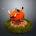 3D Orange Warthog Standing On Cracked Ground With Grass And Flying Small Stones