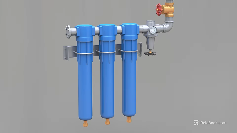 Industrial Equipment Three Blue Cylindrical Filters With Metal Pipes Valves And Pressure Gauge 3d model 