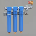 Industrial Equipment Three Blue Cylindrical Filters With Metal Pipes Valves And Pressure Gauge
