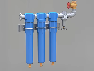 Industrial Equipment Three Blue Cylindrical Filters With Metal Pipes Valves And Pressure Gauge 3d model