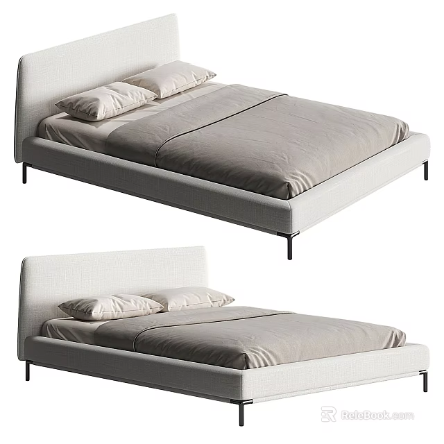 Modern Upholstered Double Bed With Beige Bedding Metal Legs And Minimalist Design 3d model 
