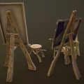 Wooden Artist Painting Supplies With Easels Canvas Brushes Paints And Stools