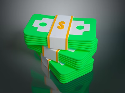 Stacked Green Paper Money Bundled With White And Yellow Strips 3d model