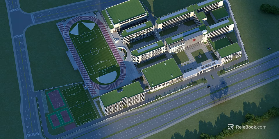 Modern School Buildings With Green Roofs Sports Field And Running Track 3d model 