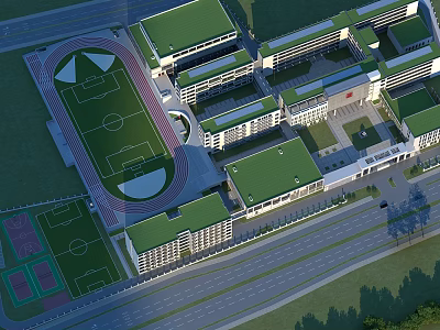 Modern School Buildings With Green Roofs Sports Field And Running Track 3d model