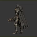 Horned Fantasy Warrior Character With Dark Armor Cloak And Large Gun Weapon