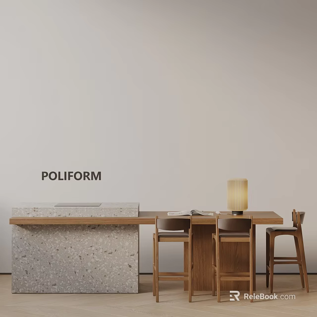 POLIFORM Modern Dining Table Set With Wooden Stools And Table Lamp 3d model