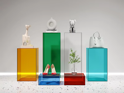 Colorful Modern Display Shelves Showcasing Sculptures Shoes Handbags and Small Plants 3d model