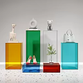 Colorful Modern Display Shelves Showcasing Sculptures Shoes Handbags and Small Plants