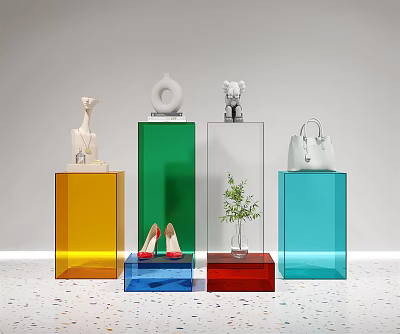 Colorful Modern Display Shelves Showcasing Sculptures Shoes Handbags and Small Plants 3d model