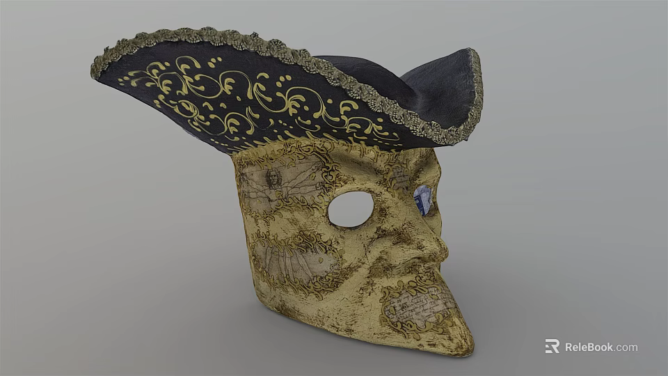 Elegant Ornate Decorative Mask With Black Hat And Intricate Gold Textured Patterns 3d model 