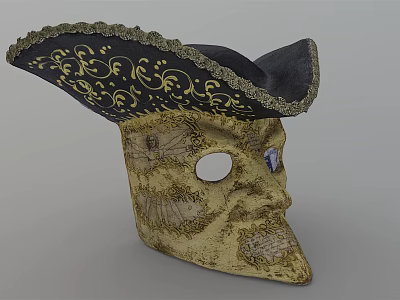 Elegant Ornate Decorative Mask With Black Hat And Intricate Gold Textured Patterns 3d model