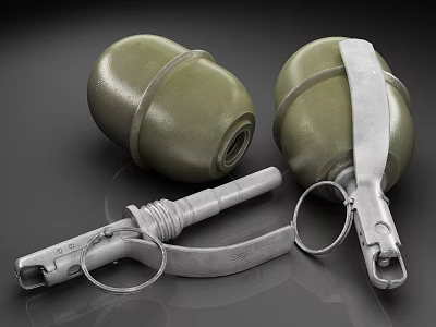 Military Hand Grenades With Metal Fuse And Straps On Gray Surface 3d model