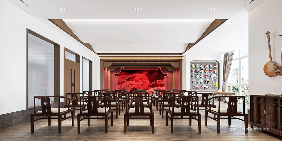 School Interior Space Featuring Spacious Layout Wooden Tables Chairs Red Artwork And Display Racks 3d model 