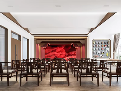 School Interior Space Featuring Spacious Layout Wooden Tables Chairs Red Artwork And Display Racks 3d model