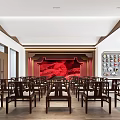School Interior Space Featuring Spacious Layout Wooden Tables Chairs Red Artwork And Display Racks