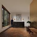 Modern Shower Sauna Interior With Black Marble Counter And Herringbone Wooden Floor