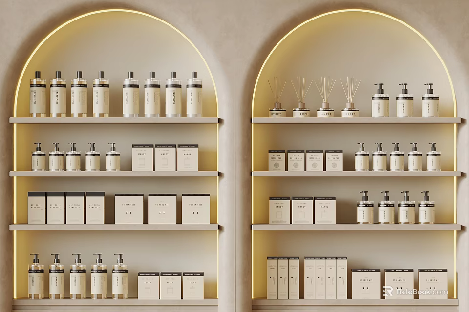 Minimalist Arched Shelves Display With Fragrance Bottles And Boxes 3d model 