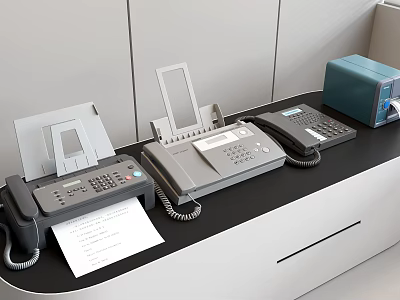 Efficient Modern Office Appliances Setup With Fax Machine Telephone Printer And Documents On Desk 3d model