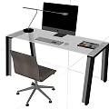 Modern Glass Top Desk with Metal Frame Computer Monitor Keyboard Desk Lamp and Gray Chair