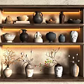 Illuminated Wooden Shelves Display Various Ceramic Vessels Vases Pots And Decorative Plants