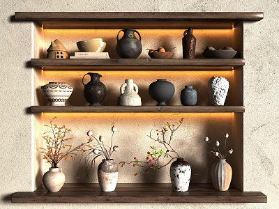 Illuminated Wooden Shelves Display Various Ceramic Vessels Vases Pots And Decorative Plants 3d model