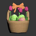 Green Easter Eggs With Pink Polka Dots In Basket Decorated With Pink Tulips Orange Bow