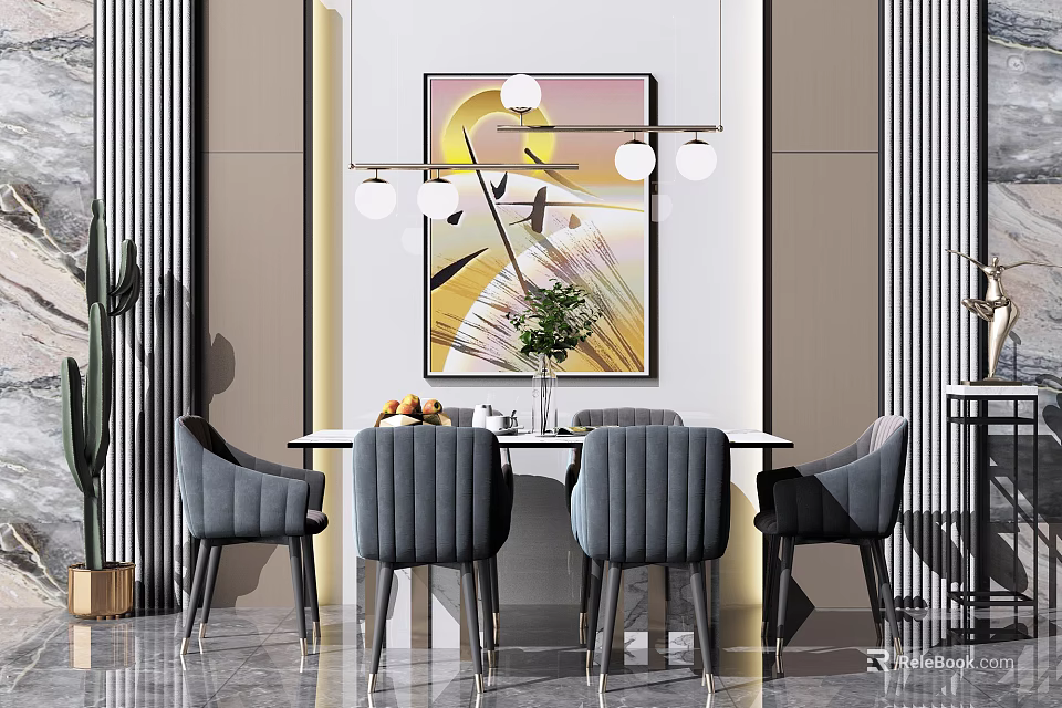 Modern Dining Table Set With Gray Chairs Green Plant Oranges And Pendant Light 3d model