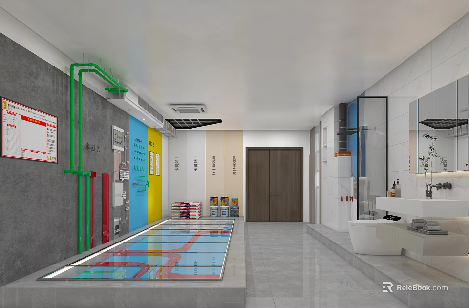 Parking Lot Interior Design With Colorful Pipes Display And Signage Elements 3d model 