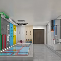 Parking Lot Interior Design With Colorful Pipes Display And Signage Elements 3d model