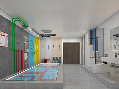 Parking Lot Interior Design With Colorful Pipes Display And Signage Elements 3d model