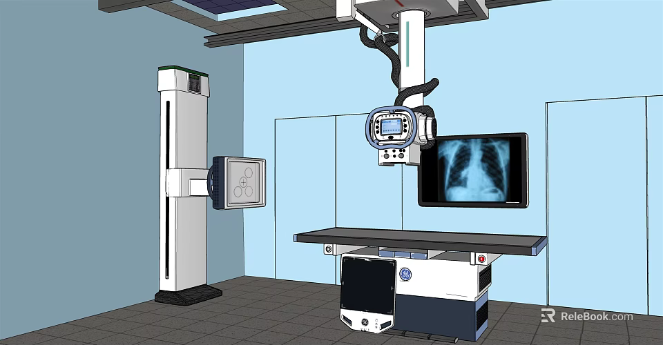 Medical X-ray Equipment With Examination Table Display Screen And Chest 3d model 