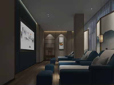 Comfortable SPA Sauna Relaxation Lounge With Soft Lighting Decorative Paintings And Cozy Sofas 3d model