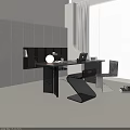 Modern Black Desk With Laptop Lamp Documents Transparent Chair Geometric Stool And Bookshelf