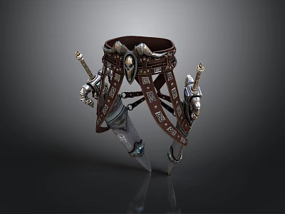 Ornate Medieval Leather Battle Belt With Metal Decorations And Dual Swords 3d model