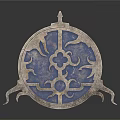 Ancient Decorative Circular Blue Silver Metal Shield With Intricate Patterns And Stand 3d model