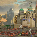 Ancient Architecture of Medieval Castle with Intricate Towers Spires and Dragon Over Mountain Sunset