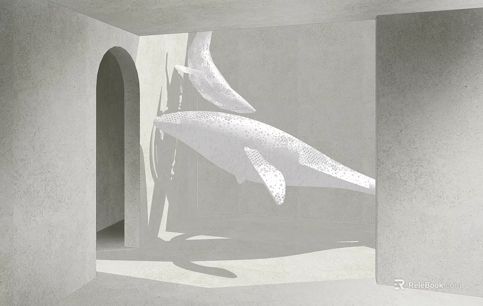 Whale Shaped Art Installation Floating In Gray Interior With Arched Doorway And Shadows 3d model 