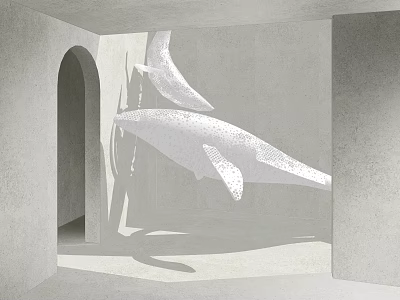 Whale Shaped Art Installation Floating In Gray Interior With Arched Doorway And Shadows 3d model