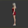 Woman In Red Dress Standing Against Gray Background With White Sandals