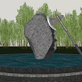 Garden Ornament Featuring Circular Water Pool Large Stone Axe With Surrounding Trees And Grass