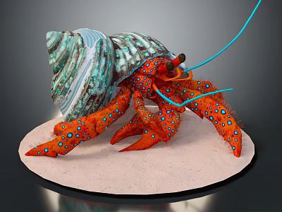 Vibrant Red Hermit Crab With Blue Spotted Claws And Turquoise Shell On Sandy Base 3d model