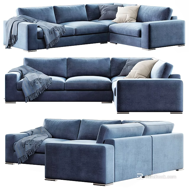 Blue Modern Sectional Sofa with Soft Blanket and Decorative Pillows 3d model