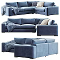 Blue Modern Sectional Sofa with Soft Blanket and Decorative Pillows 3d model