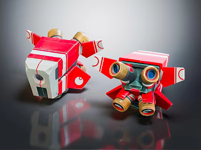 Red And White Small Mechanical Robot Toys With Wing Like Structures And Eye Components 3d model
