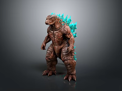 Godzilla Creature Character With Brown Textured Body And Blue Glowing Dorsal Spikes 3d model