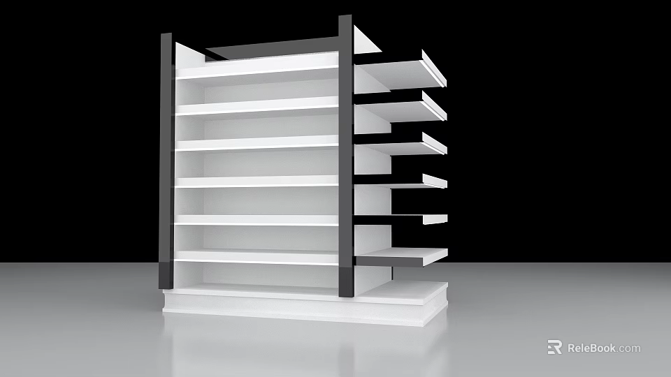 Modern Retail Display Shelf with Multiple White Shelves and Black Frame for Product Showcase 3d model 