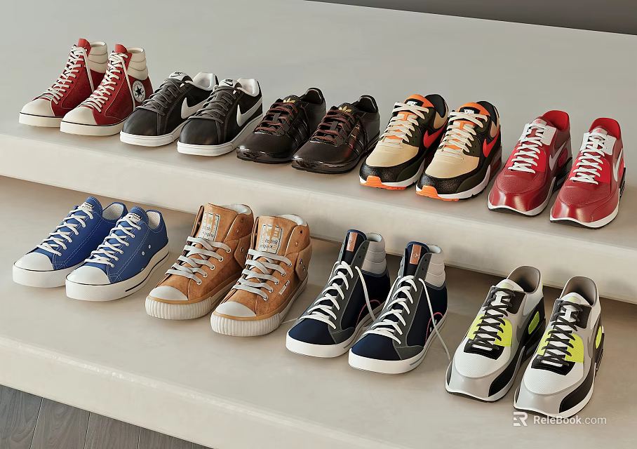 Various Shoes In Different Styles And Colors Neatly Arranged On White Multi Tiered Shelves 3d model 
