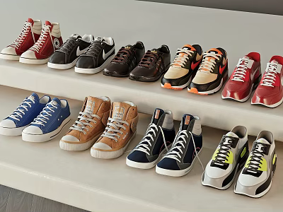 Various Shoes In Different Styles And Colors Neatly Arranged On White Multi Tiered Shelves 3d model